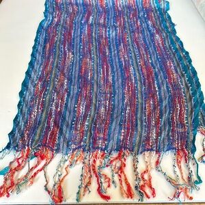 Multicolor metallic blue yarn fringe scarf
